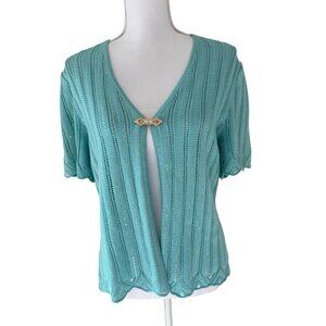 St. John Evening Marie Gray Vtg Teal Aqua Sweater w/ Rhinestone Closure Sz 8 / M